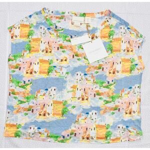 Cynthia Rowley Women's Small 100% Linen Sleeveless Blouse Coastal Scene Loose